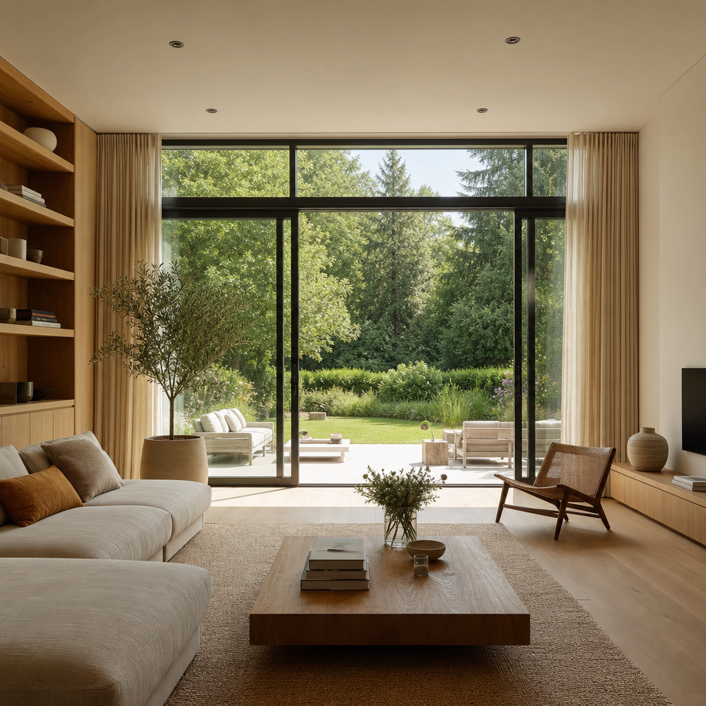 Salon moderne avec de grands châssis aluminium ouvrant sur un jardin